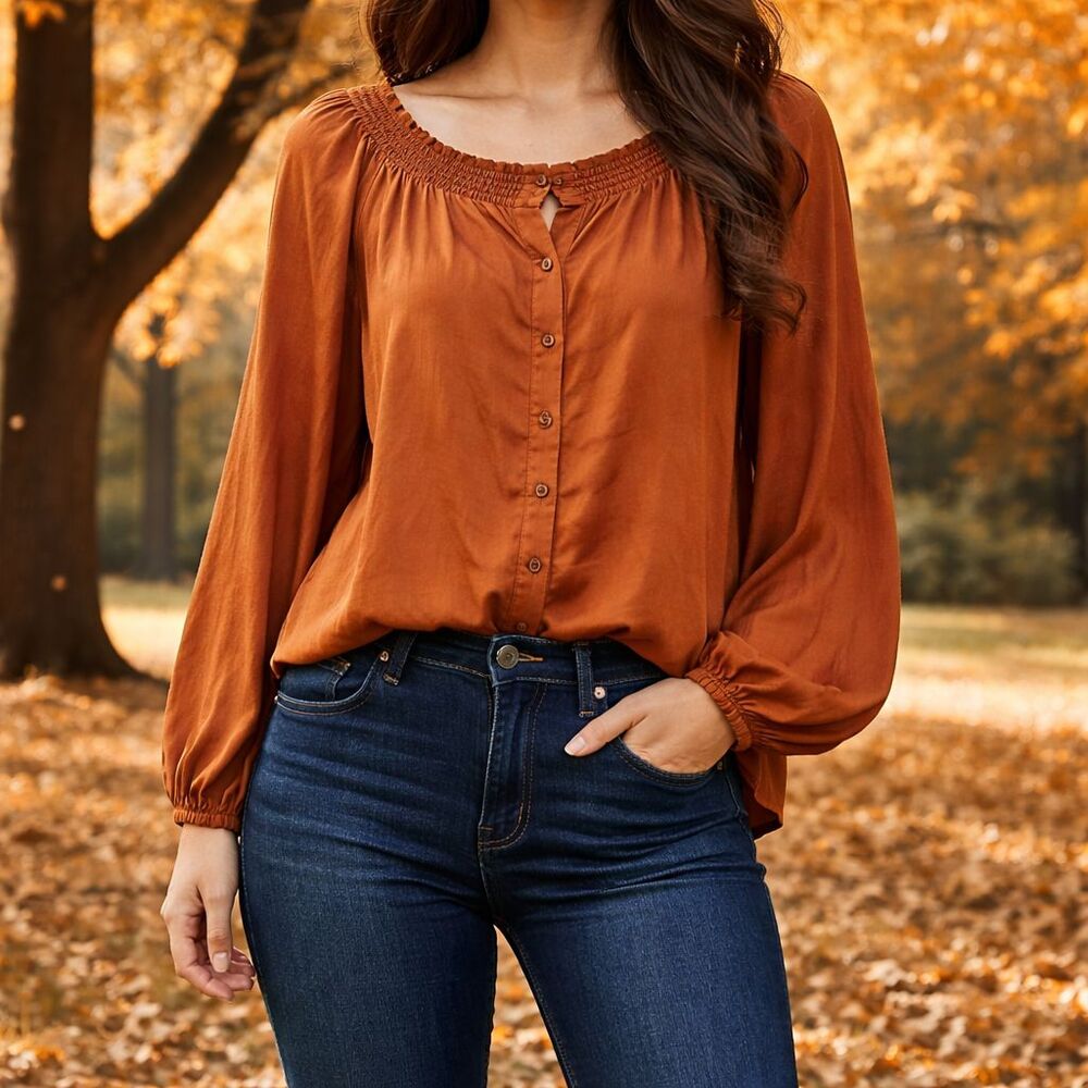 Forever 21 Rust Peasant Blouse S/P | Boho Button Front Balloon Sleeve Top